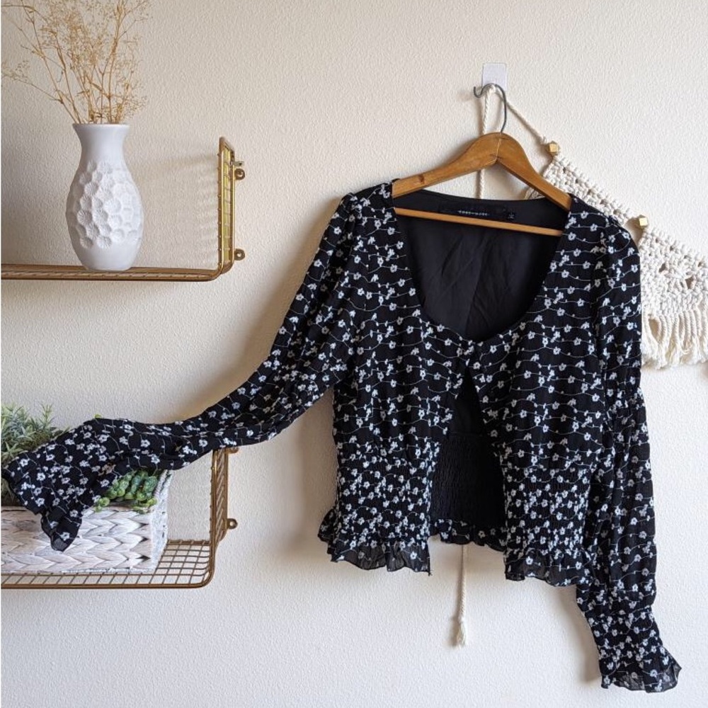 Code x Mode, Nordstrom, black floral smocked blouse, large